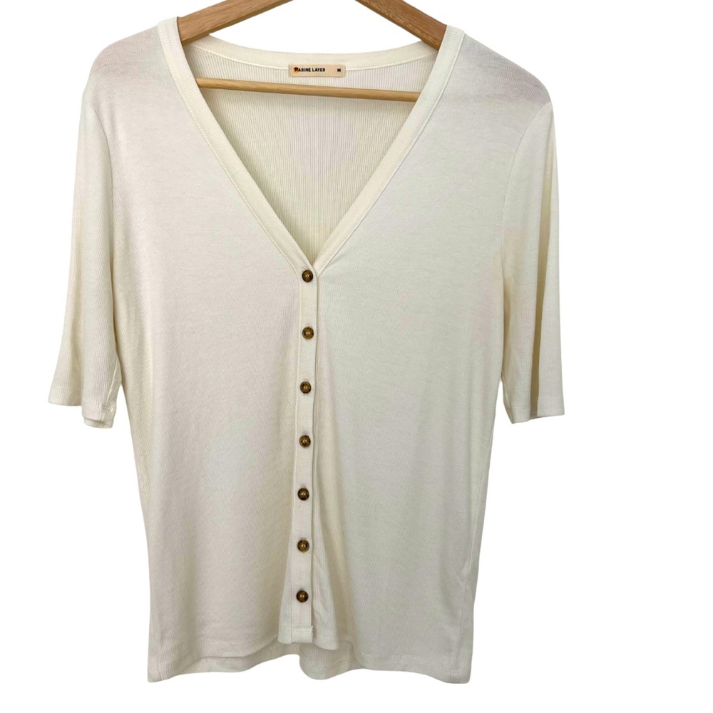 Marine Layer “Lexi Button-Through” Ribbed Knit Top – Size M (Antique White)